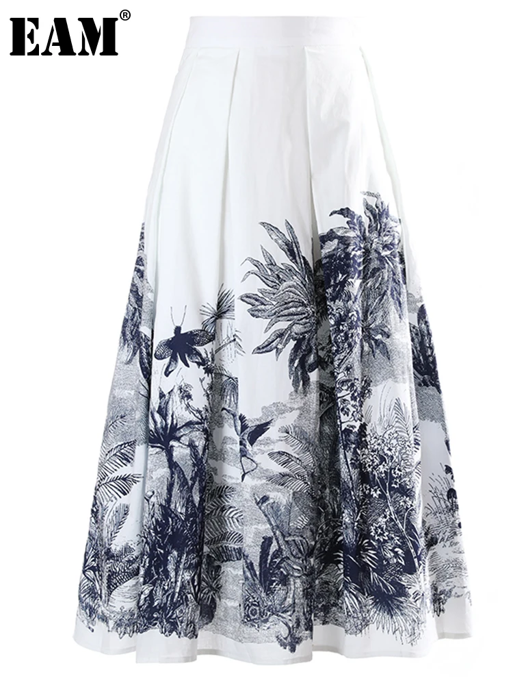 

[EAM] High Waist White Pattern Printed Long Holiday Vintage Half-body Skirt Women Fashion Tide New Spring Autumn 2022 1DD9265
