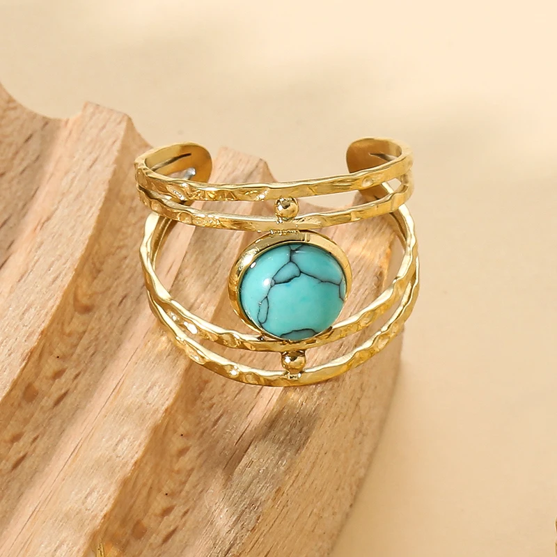 

Stainless Steel Multi-layer Hollow Ring for Women Blue Natural Stone Ring Retro Style Jewelry Wedding Gift Wholesale