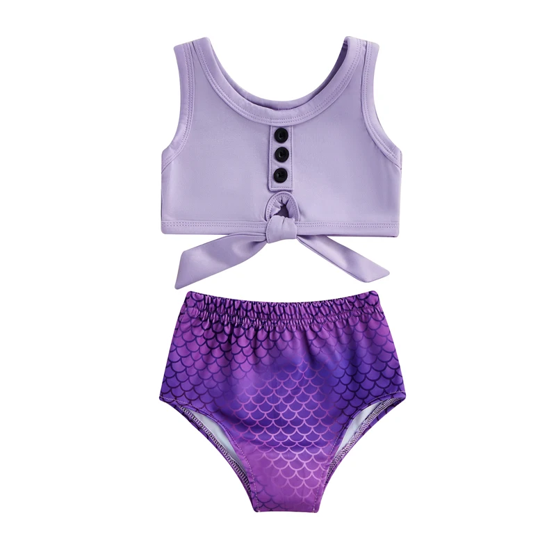 

Girls Two-piece Bathing Suit, Purple U-neck Tie-up Swimming Tops and Fish Scale Print Bottoms