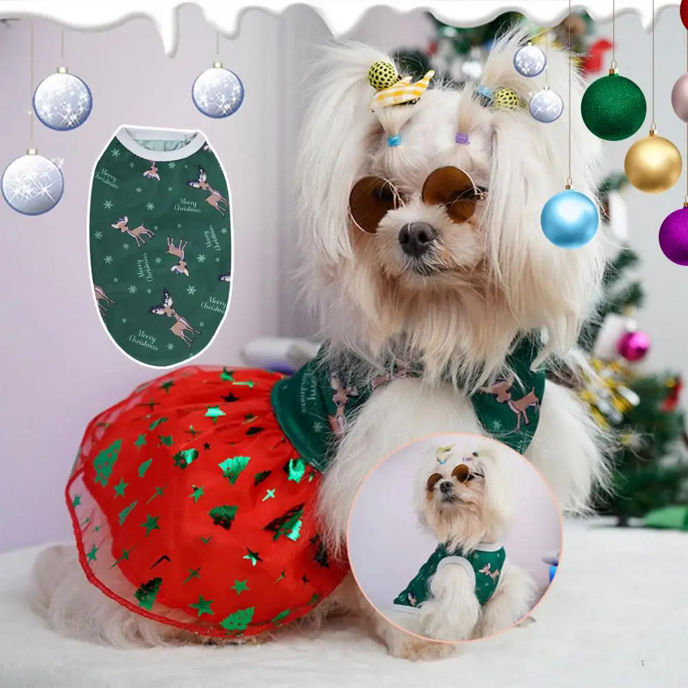

Рождественский жилет для домашних животных, окантовка, платье для собаки с принтом лося, сетчатая юбка для домашних животных из полиэстера, ...