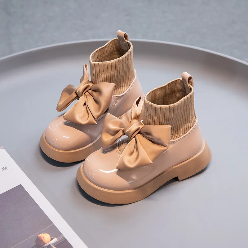 

Children's Boots Fashion Pu Black Bow Girls Socks Shoes Autumn Winter Single Boots School Princess Kids Shoes J34