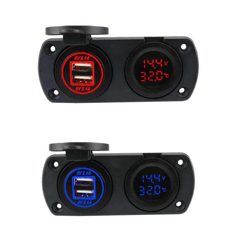 

2 in 1 Charge Socket Panel 4.2A Dual USB Car Charger Socket Power Outlet Round Temperature Voltmeter for Car Boat