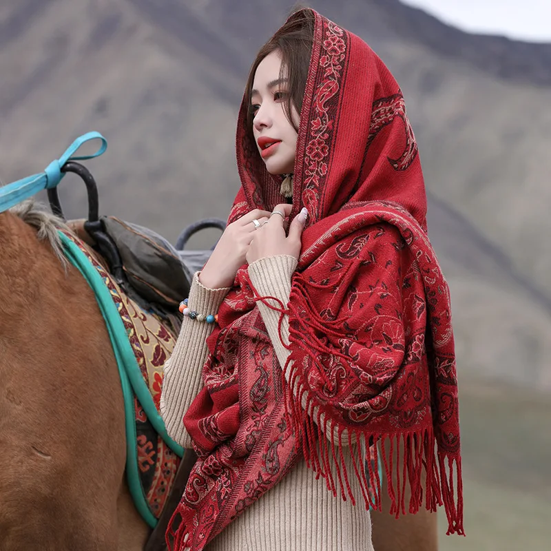 

Ethnic Style Women Pashmina Cashmere Scarf 2022 Autumn Winter New Warm Tassels Scarf Thick Shawl Fashion Holiday Shawl Scarves