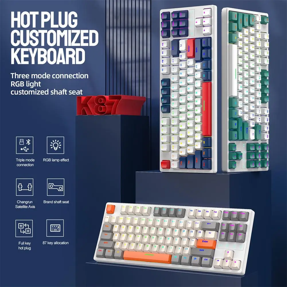 

K87 Gaming Keyboard ABS Keycaps 87 Keys 3-mode Connection Hot Swappable RGB Backlit Ergonomics Mechanical Keyboards For Laptop