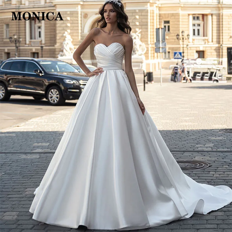 

Simple Elegant A Line Strapless Wedding Dresses 2022 Sleeveless Backless Satin Princess Bridal Gowns For Women Vestidos De Noiva