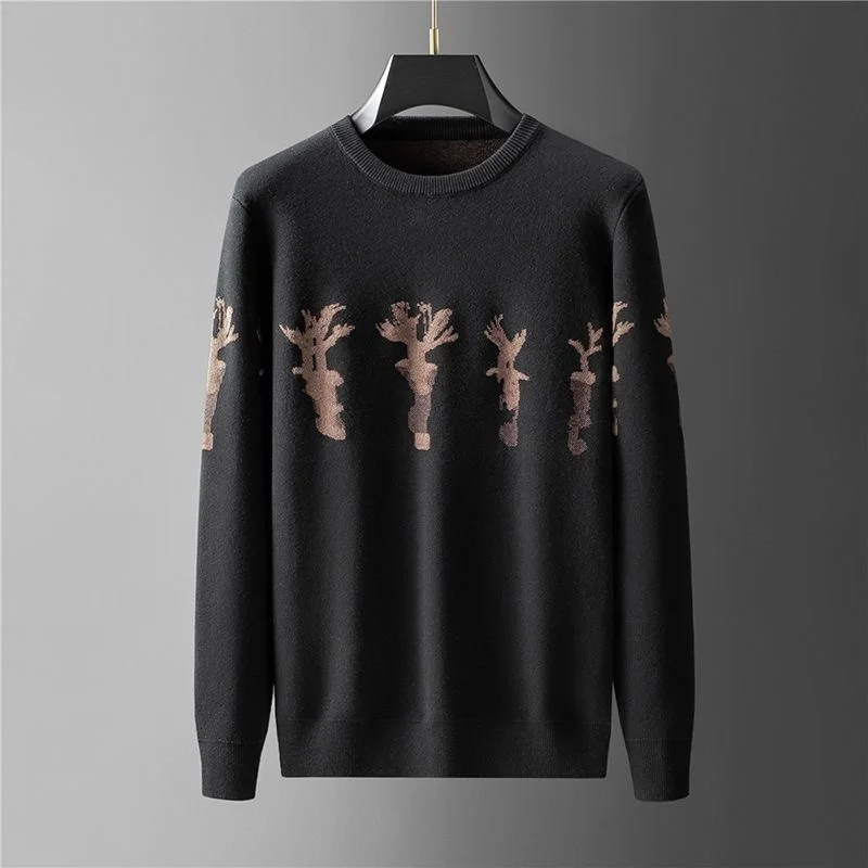 

2024 New Fashion Deer Horn Embroidery Sweater Men's Autumn and Winter Soft Warm Round Neck Knitwear Casual High Quality Pullover