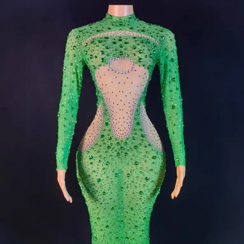

Women Green Rhinestones Evening Dress Shiny Drag Queen Costume Singer Host Model Stage Clothes Prom Stretch Long Dress