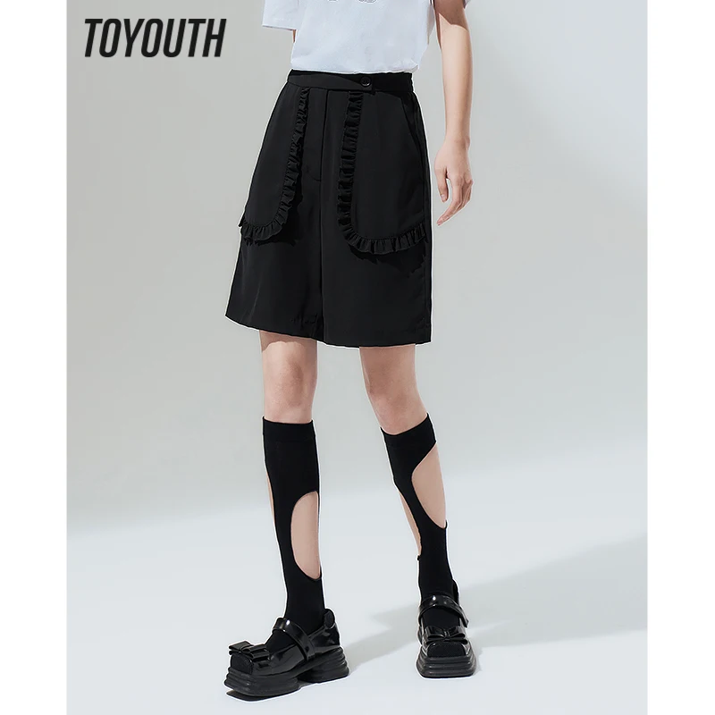 

Toyouth Women Short Pants 2023 Summer Elastic Waist Straight Loose Trousers with Ruffle Pocket Comfort Casual All Match Pants