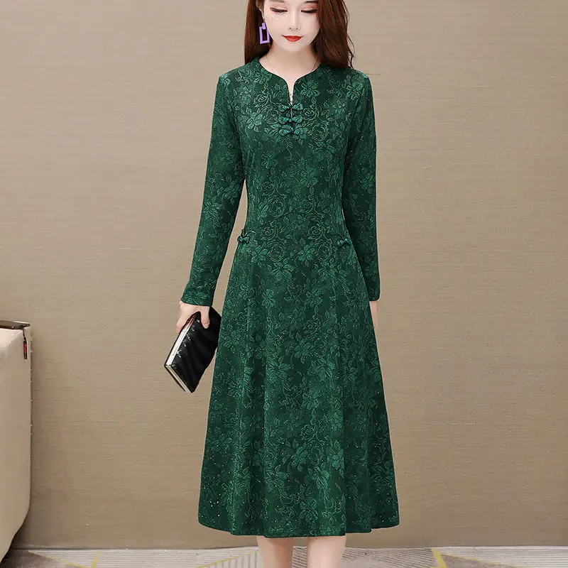 Plus Size Autumn Winter Elegant Dress V Neck Vintage Long Sleeve Party Maxi Robe Femme Slim Waisted 5XL J103 | Женская одежда