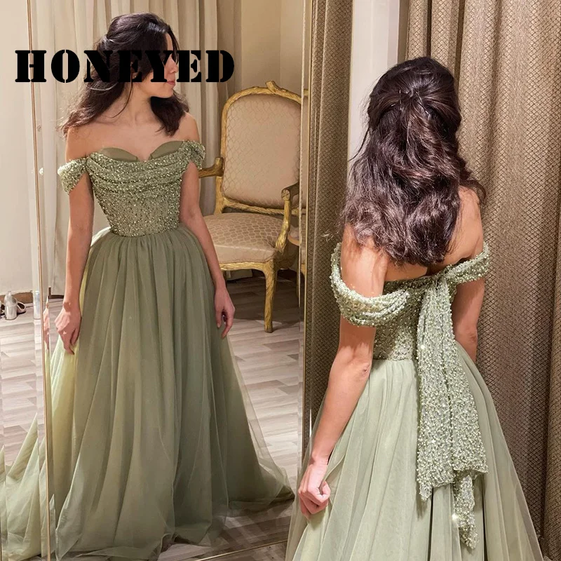 

Honeyed2023 Elegant Off Shoulder Sage Evening Dresses for Women Wedding Guest Luxury Beaded Arabic Long Formal Party Gown 2023