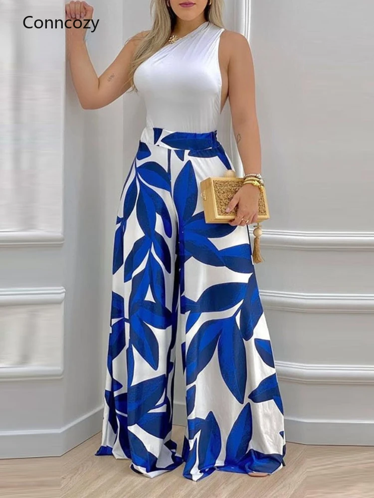 

Women Casual Solid Top Leaf Pattern ButtomDiagonal Collar Backless Sexy Straight Leg Pants Sets Sleeveless Jumpsuits Women 2022