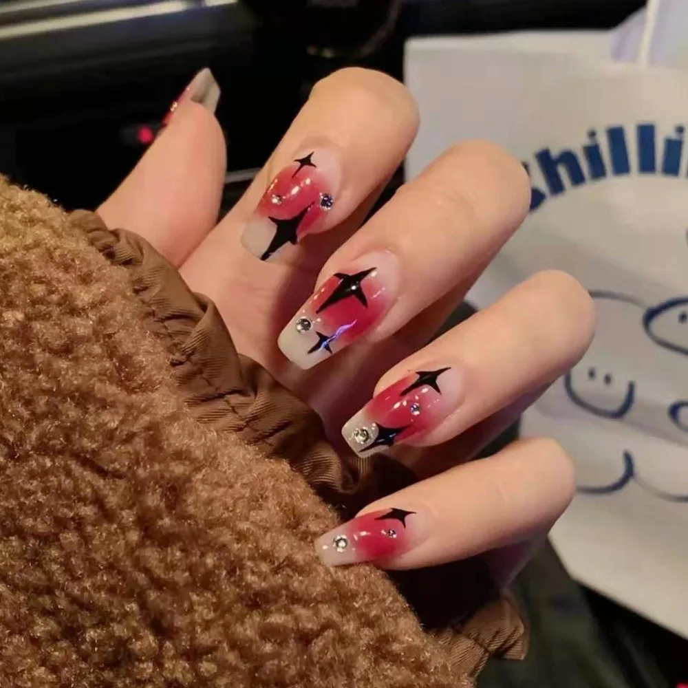 

24pcs 2022 New Long Star Diamond Ballerina Press on Fake Nails Coffin Full Cover with Glue Stick on Nail Art DIY Tips Reusable