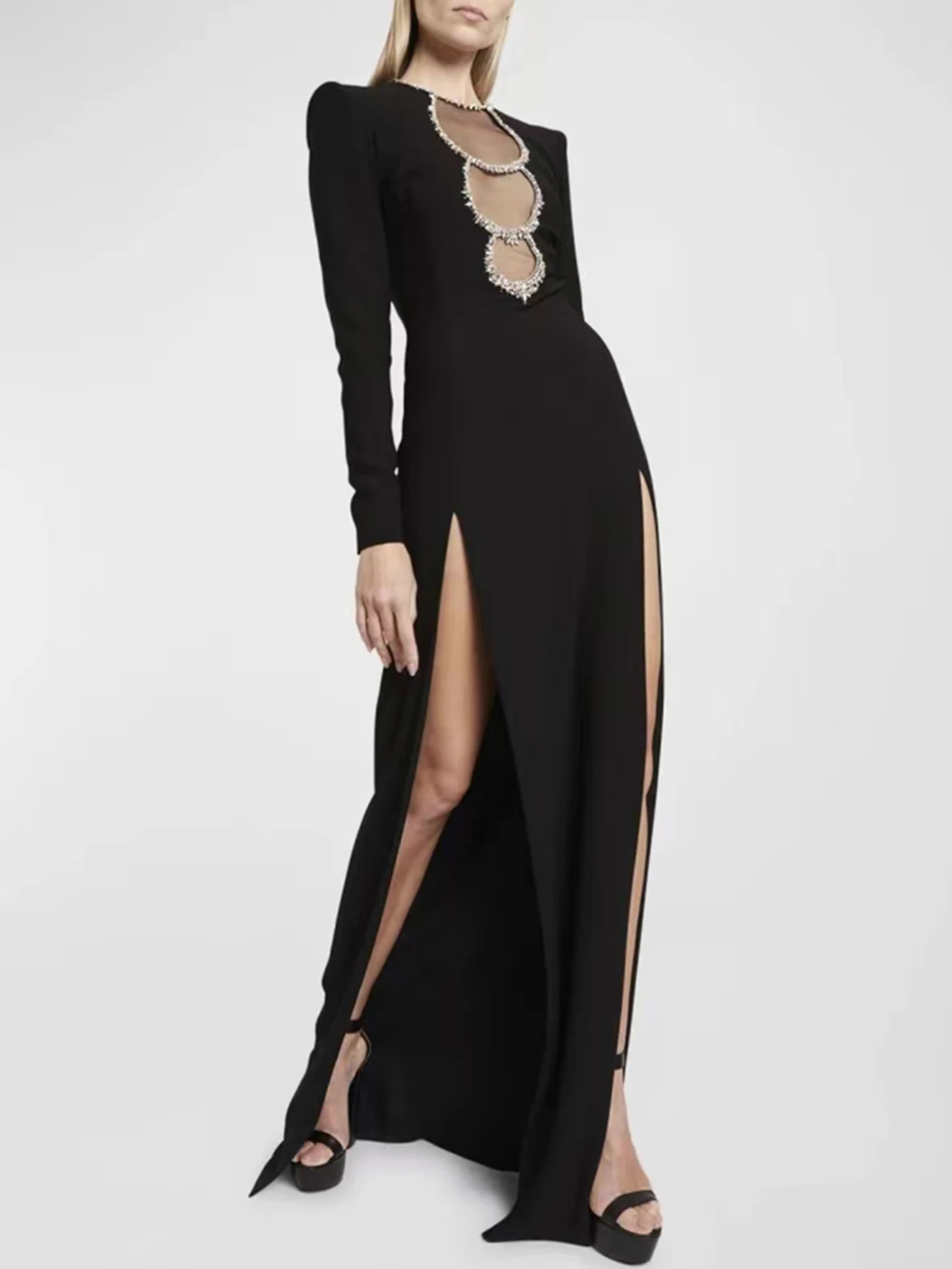 Женское длинное Сетчатое платье с круглым вырезом и длинными рукавами