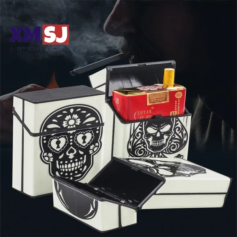 

Skull Luminous Cigarette Box Automatic Pop Lid Plastic Cigarette Case Lighter 20 Soft Pack Flip Tobacco Box Weed Accessories
