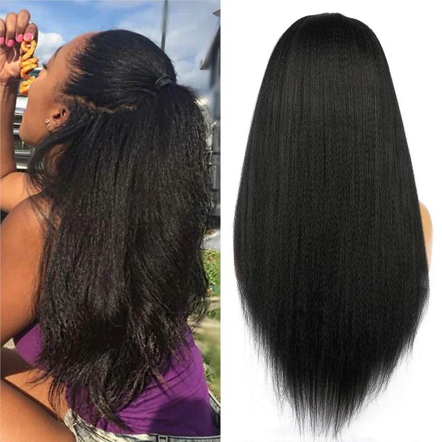 

Kryssma Synthetic Lace Front Wig Kinky Straight Lace Front Wigs For Women Natural Black Cosplay Wig Heat Resistant Fiber Hair