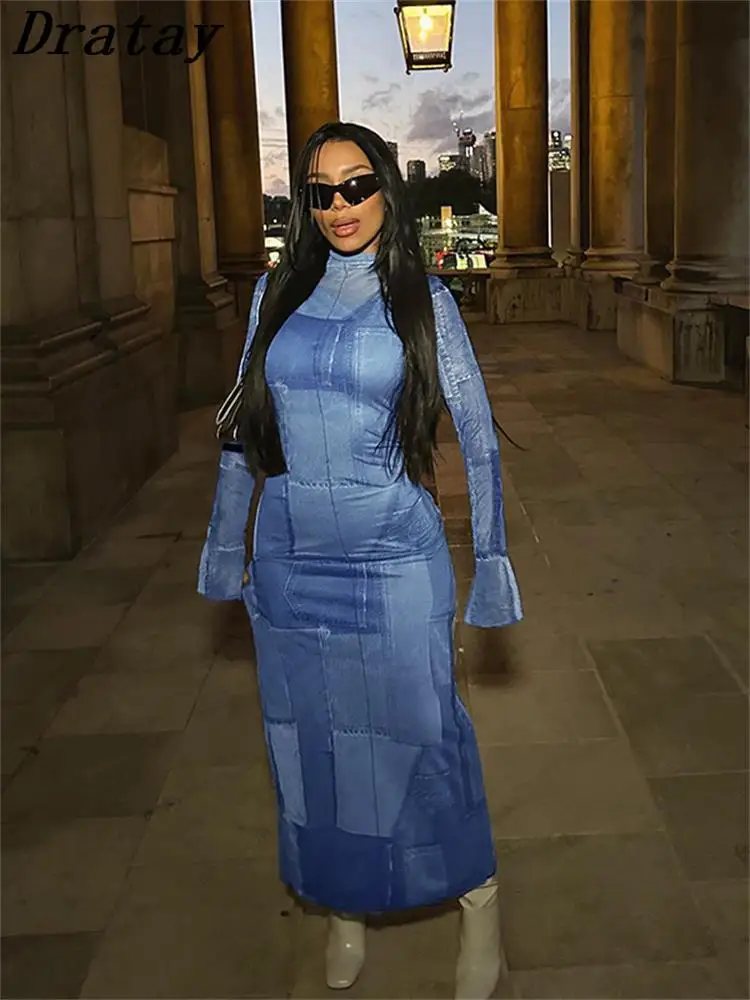 

Осеннее синее платье-макси Dratay с принтом для женщин, модное облегающее платье с круглым вырезом и длинным рукавом, женское эластичное повсе...