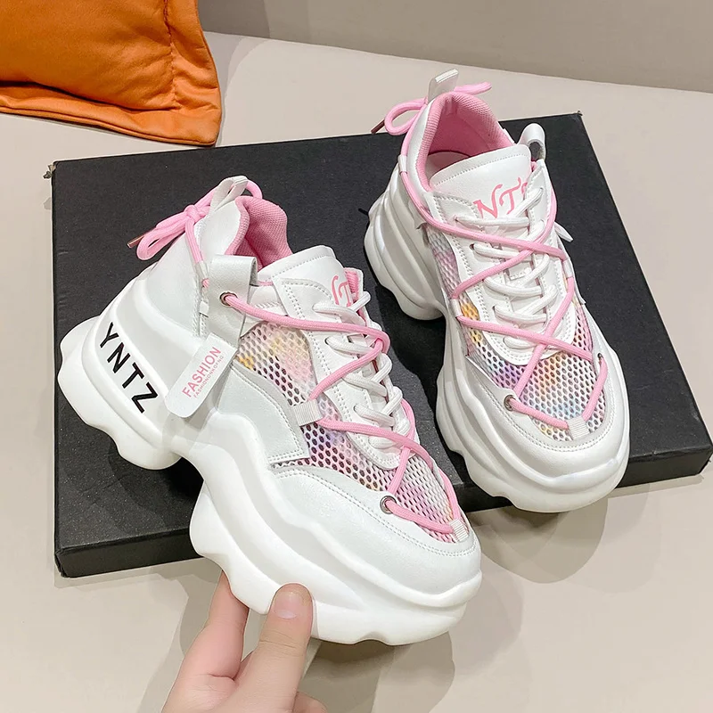 

Women Platform Casual Breathable Mesh Shoes 2023 New Summer Chunky Sneakers Hidden Heels Woman Hollow Leisure Shoes