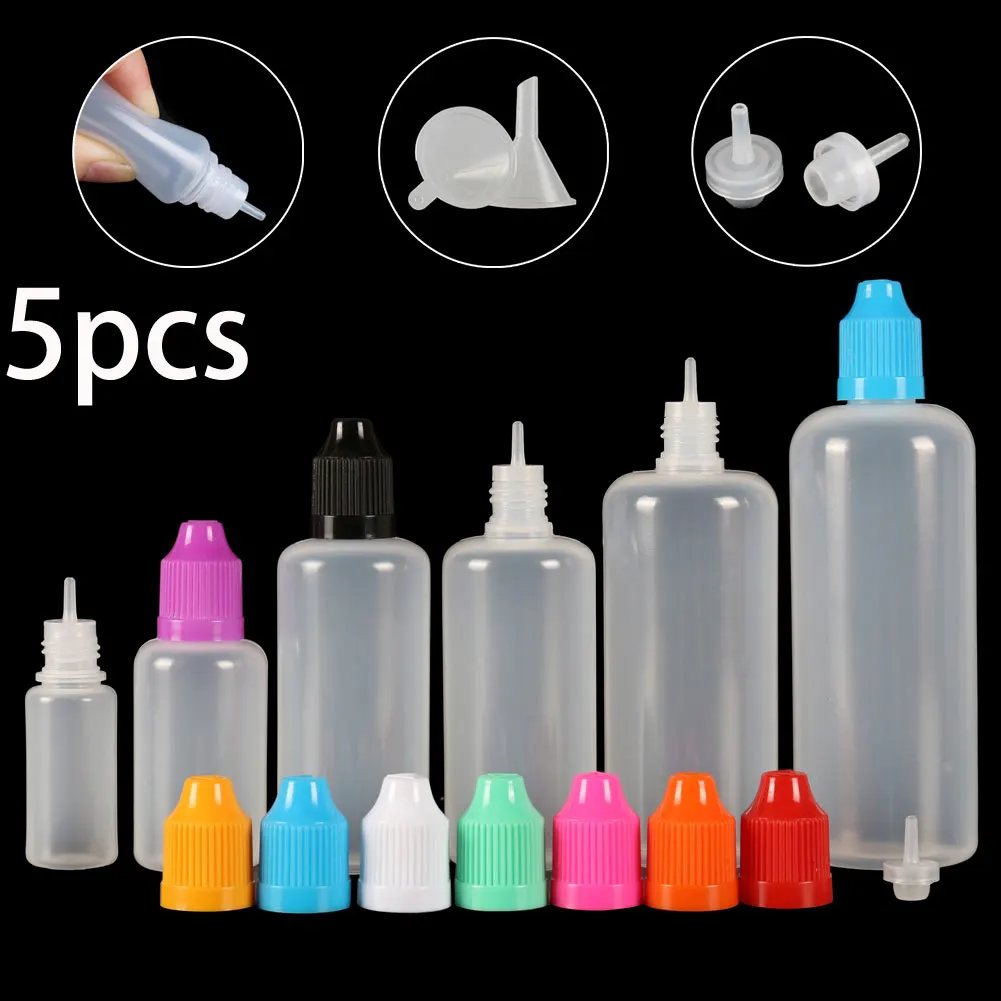 

5pcs LDPE Plastic Liquid Water Squeezable Eye Vape Juice Dropper Empty Bottles with Child Resistant Cap (Bottles + Caps + Tips)