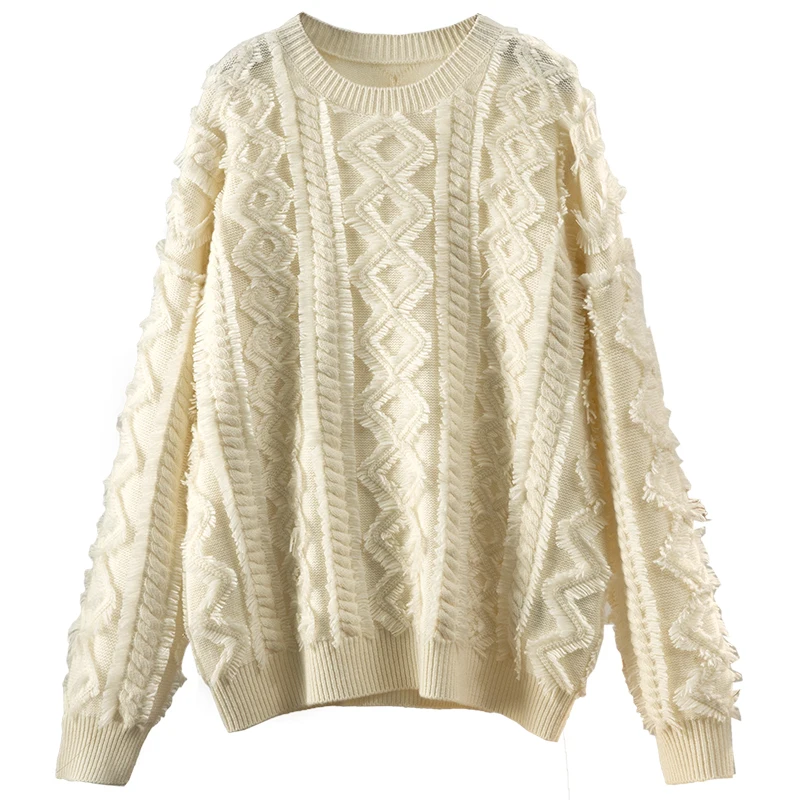 

High Quality LOOSE Cashmere Appliques Womans Long Sleeve Tops Sweater Women Luxury O-Neck Autumn/Winter Thick Pullover