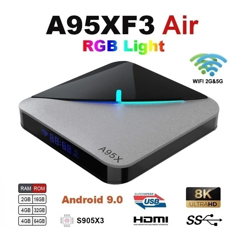 

A95X F3 Air 8K Smart TV BOX Android 9.0 RGB Light RAM 2G/4G ROM 16G 3264G Amlogic S905X3 H.265 Wifi Support Google Player IP TV