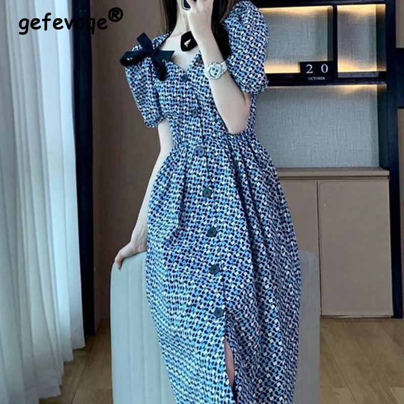 Повседневные модные платья с пуговицами и бантом поясом принтом лето 2022 новинка