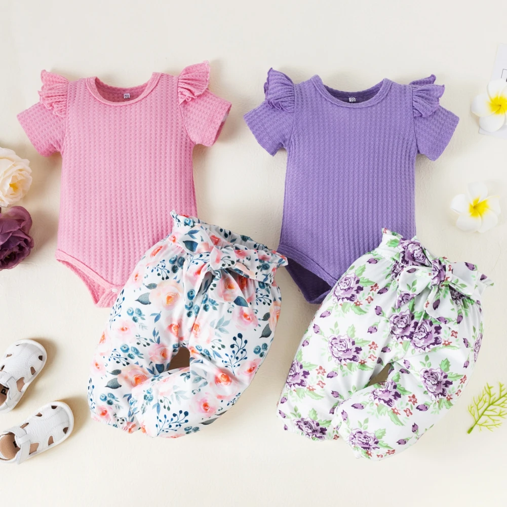 

Baywell Summer Girl Waffle Short-sleeved Tops + Printed Pants Casual Girls Clothes Set Fashion Children Clothing Suit 0-18 Month