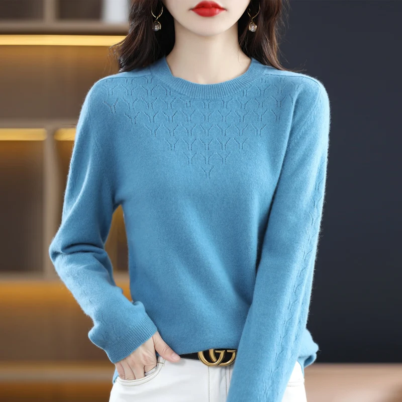 

Autumn Winter New Ladies Pullover 100% Wool Natural Fiber Round Neck Hollow Out Fashion High Quality Cashmere Sweater Clothes