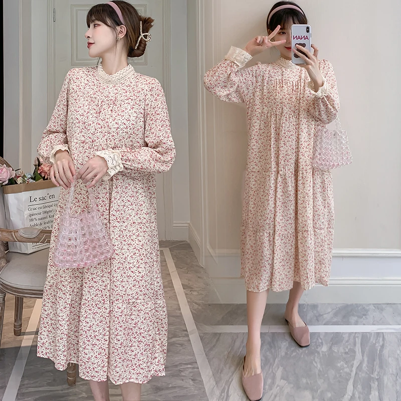 

215# 2022 Spring New Korean Fashion Floral Printed Maternity Nursing Dress Loose Straight Breastfeeding Clothes for Pregnancy