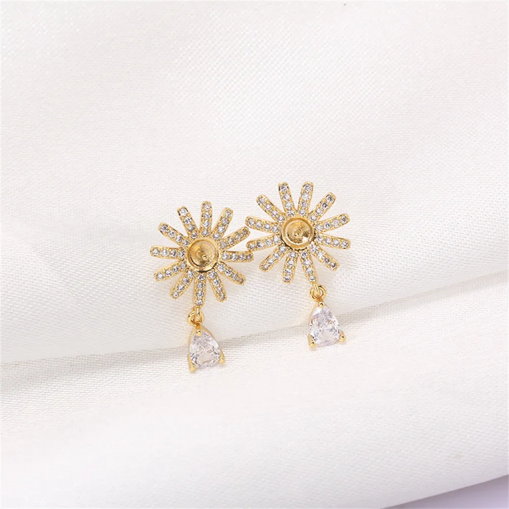 

Domestically Produced 14k Gold Plated Color Retaining Sunflower Water Drop Zircon S925 Silver Needle Earrings DIY Accessories