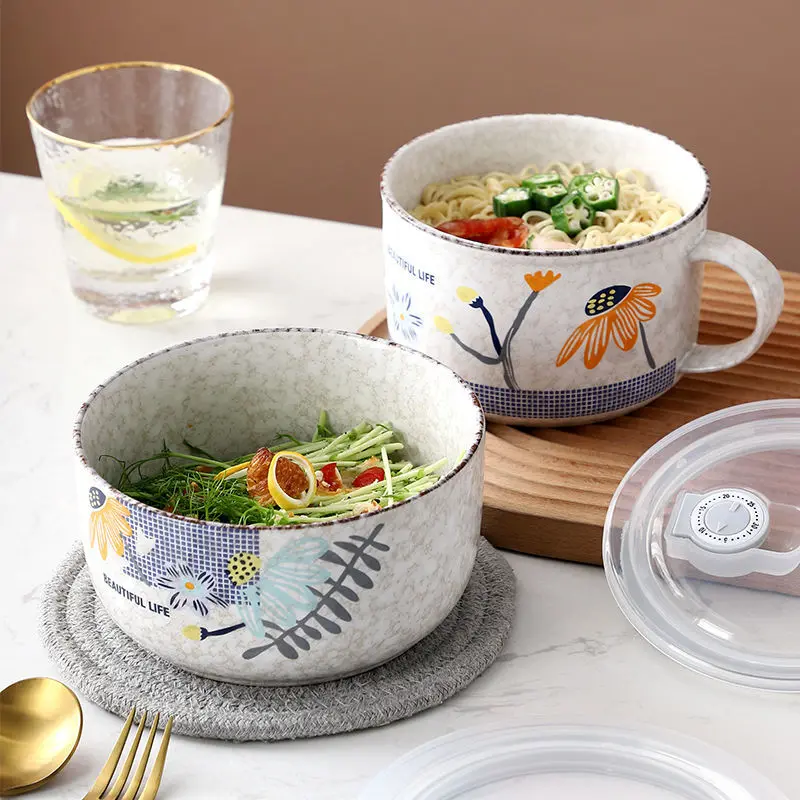 

Ins Instant Noodle Ceramic Bowl With Lid, Easy To Clean Lunch Box, Large Capacity Fruit Potato Salad, Sealed Fresh-Keeping Bowl