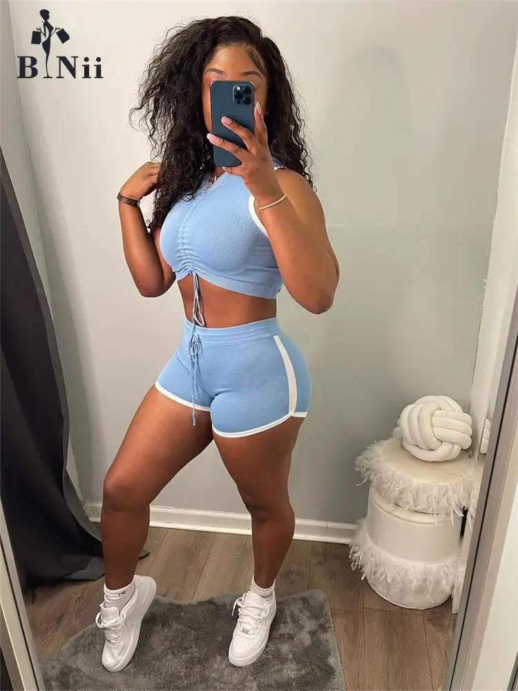 

BiNii Summer Bodycon 2 Two Piece Sets Women Outfits 2022 Skinny Sleeveless Bandage Crop Top Blue Shorts Party Matching Sets