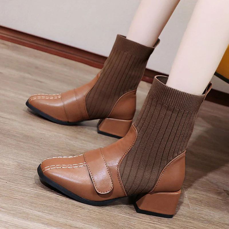 

New Women Boots Pointed Toe Patchwork Slip-On Woman Short Ankle Boots Autumn Female Socks Boot Ladies Mid Heels Sewing Shoes