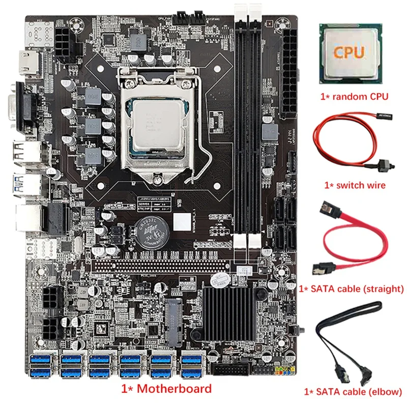 B75 12 Card BTC Mining Motherboard CPU+Switch Cable+2X SATA Cable 12 USB3.0 To PCIE GPU Slot LGA1155 DDR3 RAM SATA3.0