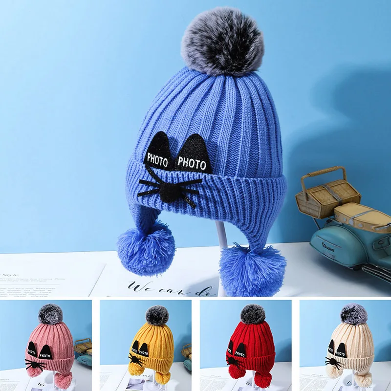 

Winter Lovely Children Pom Pom Knitted Hat Girls Boy Warm Solid Skull Beanies Cap Outdoor Toddler Kids Hairball Knit Ski Caps