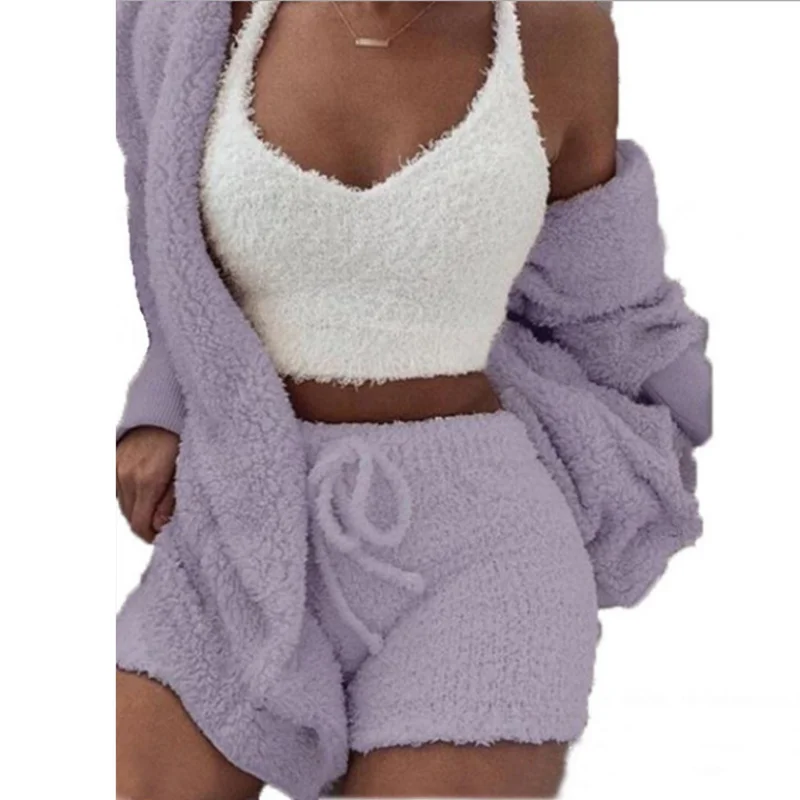Pajama for Women's 2023 Winter Plush Home Wear Casual 3-piece Pajama Long Sleeved Open Navel Vest Shorts Set