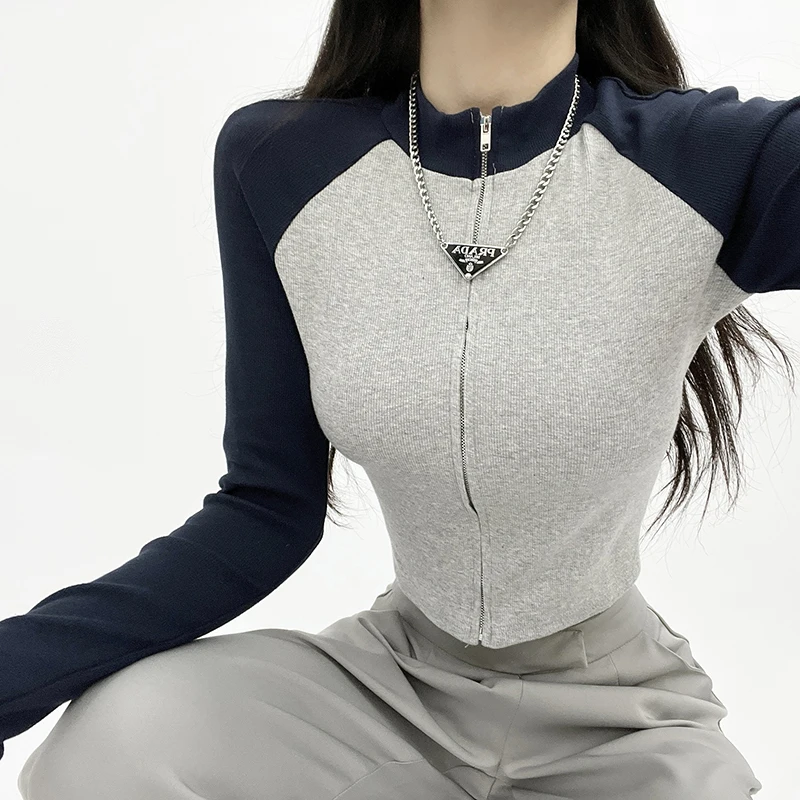 

Винтажный тонкий спортивный топ с воротником-стойкой, универсальный тонкий кардиган на молнии