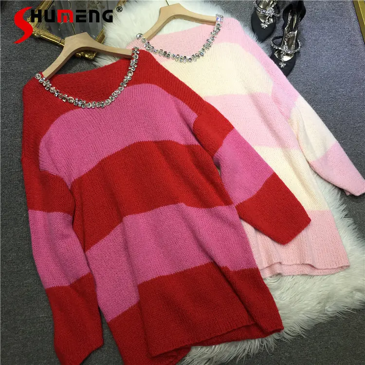 

French Entry Lux Heavy Industry Beads Striped Sweater Slimming Mid-Length Soft Idle Style Knitwear Autumn Winter New Pullover