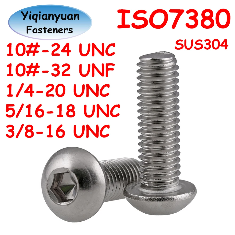 Ицяньюань 10 #   1/4 ''5/16'' 3/8'' UNC UNF ISO7380 SUS304 Винты с шестигранной головкой и круглой головкой Болт с шестигранной головкой и полной резьбой