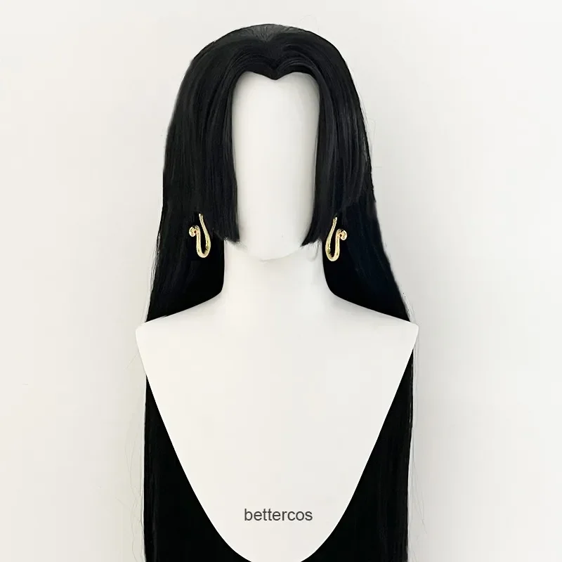 Парик для косплея аниме Boa Hancock с серьгами длинные черные прямые Термостойкие