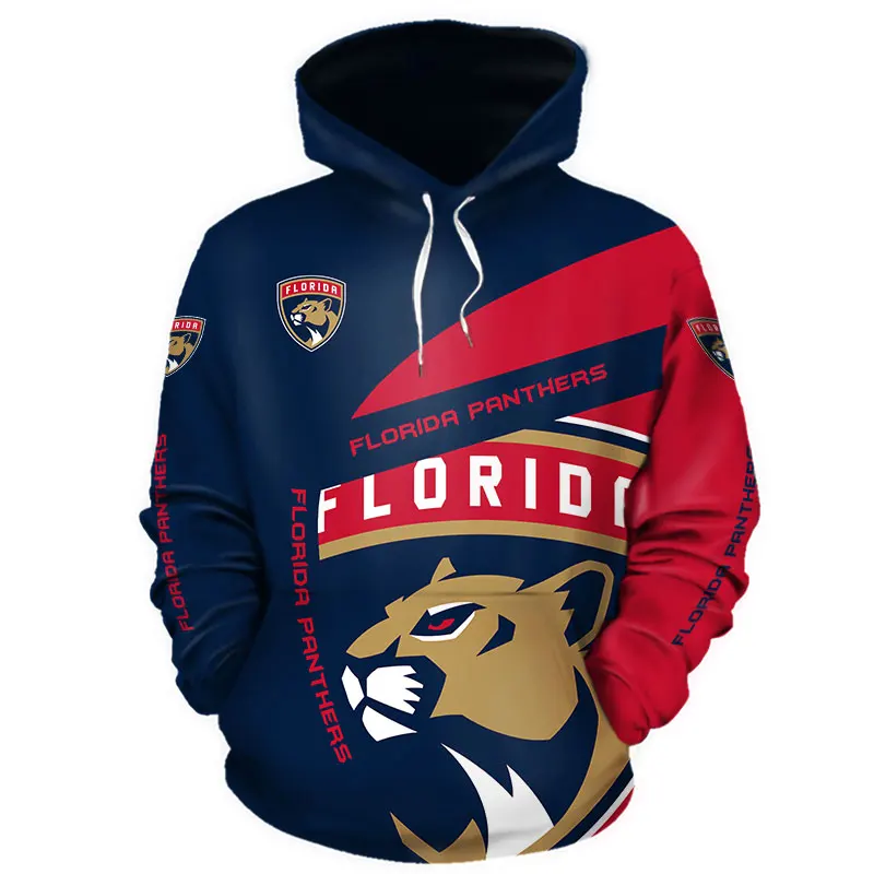 Florida Men's Fashion 3D Hoodie Blue Red Stitching Brown Leopard Print Panthers Cool Outdoor Sweatshirt