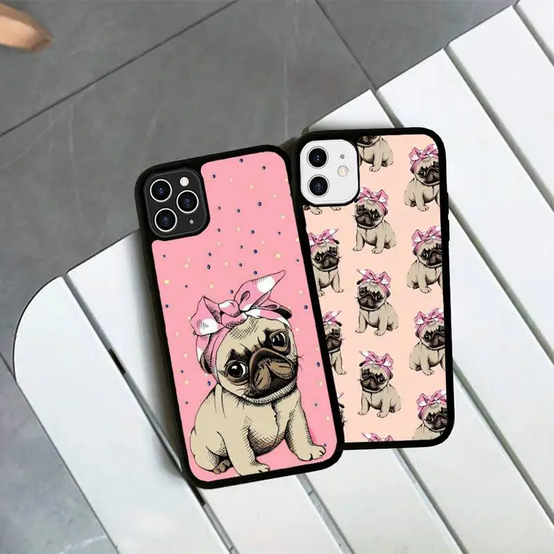 

Cartoon Cute Pug Dog Phone Case Silicone PC+TPU Case for iPhone 11 12 13 Pro Max 8 7 6 Plus X SE XR Hard Fundas