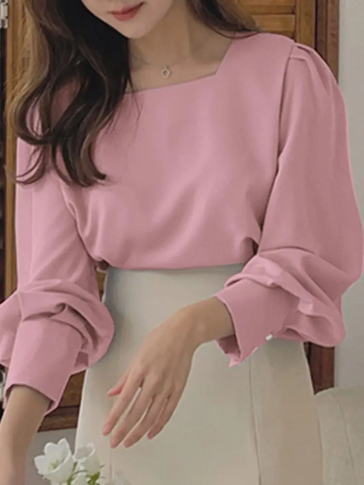

VONDA Femme Solid Puff Sleeve Korean Style Chemise Top Oversize Casual Square Neck Blouse Women Fashion Pleated Shirt Blusa Tops