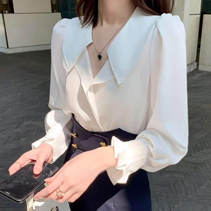 

Blusas Mujer Blouse Women Elegant V Neck 2023 New Ruffle Long-sleeved Shirt Female Long Sleeve Women Tops Chiffon Camisas 217B
