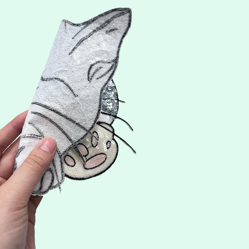 Серебряная нашивка с блестками и головой кошки стильное полиэстеровое