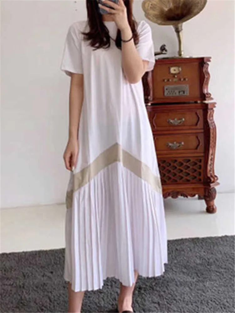 Женское плиссированное платье с длинным рукавом круглым вырезом и высокой