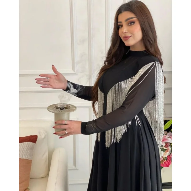 Ramadan Long Dress Moroccan Caftan 2023 Women's Spring Summer Big Swing Sexy High Tassel Waist Splice Chiffon Evening Dress