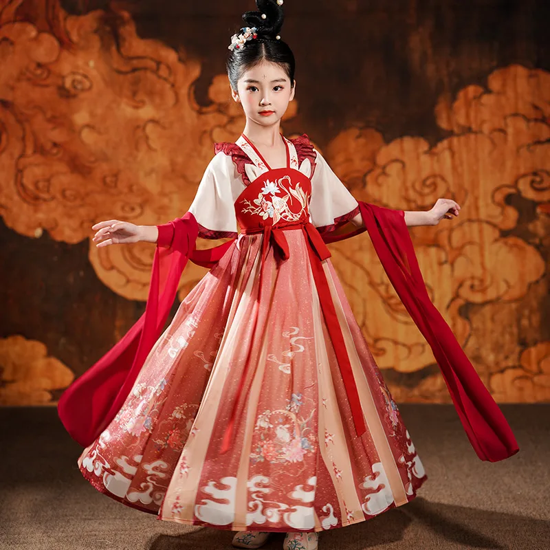 Hanfu Thin Dress Red Skirt Super Fairy Chinese Style Baby Costume Hanfu Dress Kids Hanfu Fabric Print Hanfu Robe  Fairy