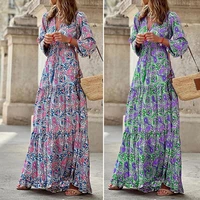 women dress long sleeve breathable bright colored female floral printing beach boho maxi dress street wear