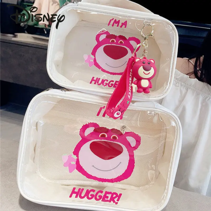 Disney Strawberry Bear New Makeup Bag Fashion High Quality Waterproof Transparent Wash Bag Multi Functional Storage Handbag