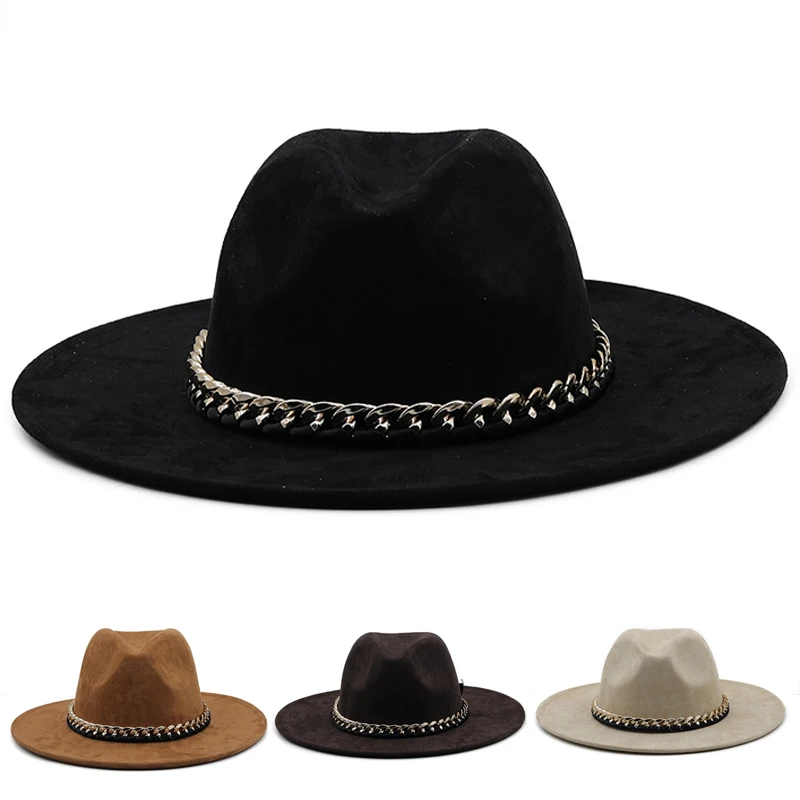 

Однотонная замшевая фетровая шляпа с акриловой цепочкой и широкими полями, Мужская Панама, ковбойская Западная Женская джазовая церковная фетровая шляпа от солнца